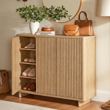 Garvee 46" Grille Style Shoe Cabinet with 5-Tier Storage and Adjustable Shelves for Entryway, Natural