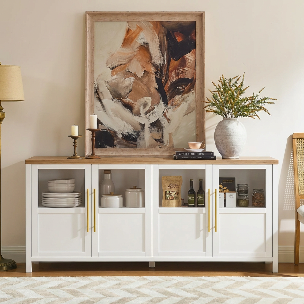 Garvee Sideboard Buffet Cabinet with 4 Glass Doors, 55" Large Buffet Cabinet with Storage, Modern Farmhouse Storage Cabinet Table for Kitchen Dining Room, Living Room , White