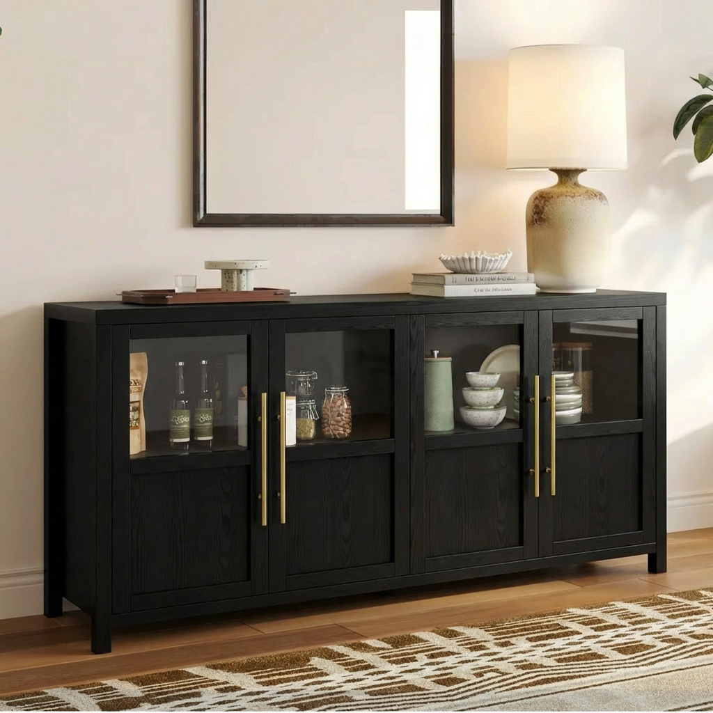 Garvee Sideboard Buffet Cabinet with 4 Glass Doors, 55" Large Buffet Cabinet with Storage, Modern Farmhouse Storage Cabinet Table for Kitchen Dining Room, Living Room, Black