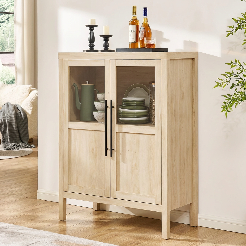 Garvee Sideboard Buffet Cabinet with Glass Doors, 29" Large Buffet Cabinet with Storage, Modern Farmhouse Storage Cabinet Table for Kitchen Dining Room, Living Room(Glass with 2 Door, Pear Wood)