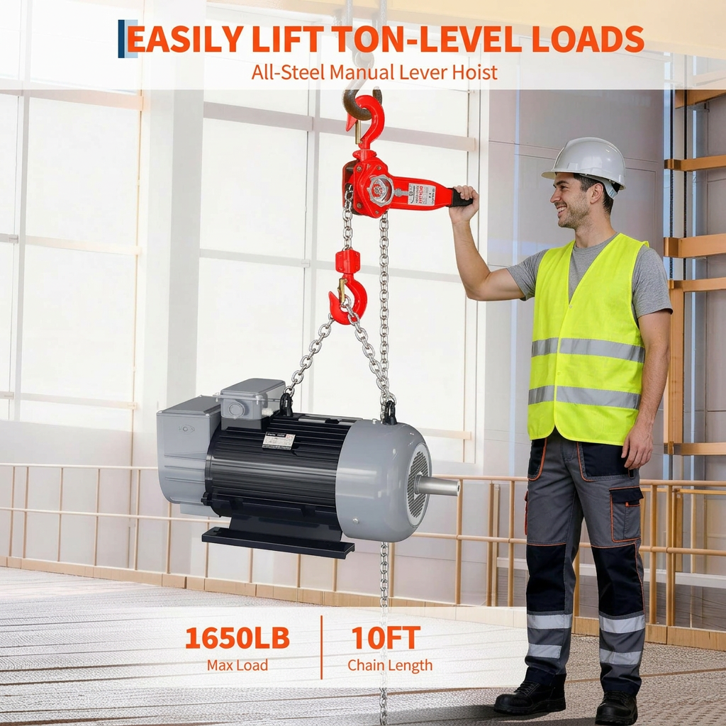 Garvee Industrial-Grade 1650 Lb Manual Lever Chain Hoist With Heavy Duty Hooks For Garage Factory Dock Workshop Use 10ft Lift