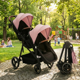 Garvee Foldable Double Baby Stroller in Multi-Position Reversible Design with Adjustable Backrest, Storage Basket and Canopy for Infant and Toddler, Pink - Pink