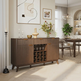 Garvee Modern 60" Fluted Wine Bar Cabinet in Wave Design with 2 Side Cabinets, 3 Drawers, 4 Glass Holders and 12 Wine Racks for Living Room, Kitchen and Entryway, Walnut - Walnut