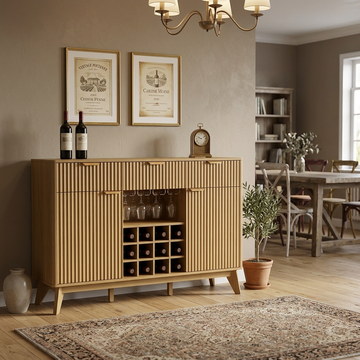 Garvee Modern 60" Fluted Wine Bar Cabinet in Wave Design with 2 Side Cabinets, 3 Drawers, 4 Glass Holders and 12 Wine Racks for Living Room, Kitchen and Entryway, Natural