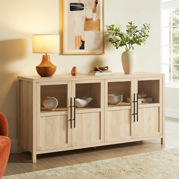 Garvee Sideboard Buffet Cabinet with 4 Glass Doors, 55" Large Buffet Cabinet with Storage, Modern Farmhouse Storage Cabinet Table for Kitchen Dining Room, Living Room, Natural