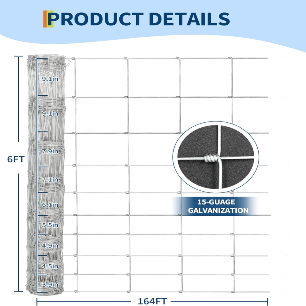 GARVEE 6'x164' No-Climb Fence - Heavy Duty Galvanized Steel w/Reinforced Knots (Zinc Coated, Pre-Rolled for Ranch/Pasture)
