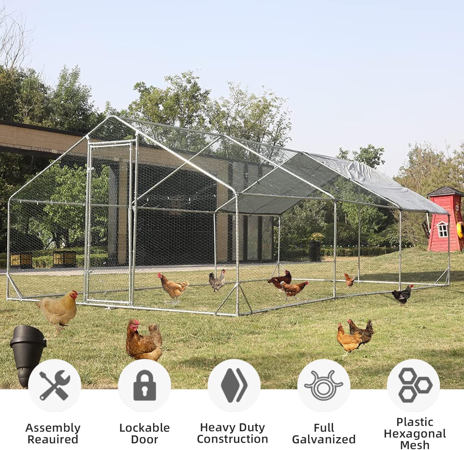 Garvee Chicken Coop, Large Metal Chicken Coop Run for Yard Outdoor Walk-in Hen House with Waterproof Cover, Farm Poultry Cage, Duck, Goose, Chicken, Rabbit (19.7x9.8ft)