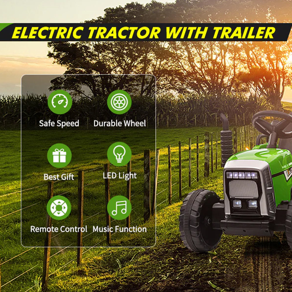 Garvee Ride - P Series: 12V Electric Tractor & Trailer for Kids, 3-6 Yrs - With RC - Green / 25W