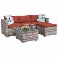 Garvee 5-Piece Compact Patio Sectional Sofa Set, Gray PE Wicker Outdoor Furniture with Rust Red Cushions, Ottoman and Glass Coffee Table