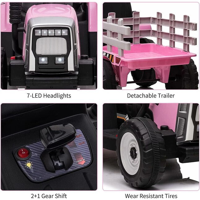Garvee Ride - P Series: 12V Electric Tractor & Trailer for Kids, 3-6 Yrs - With RC - Pink / 35W