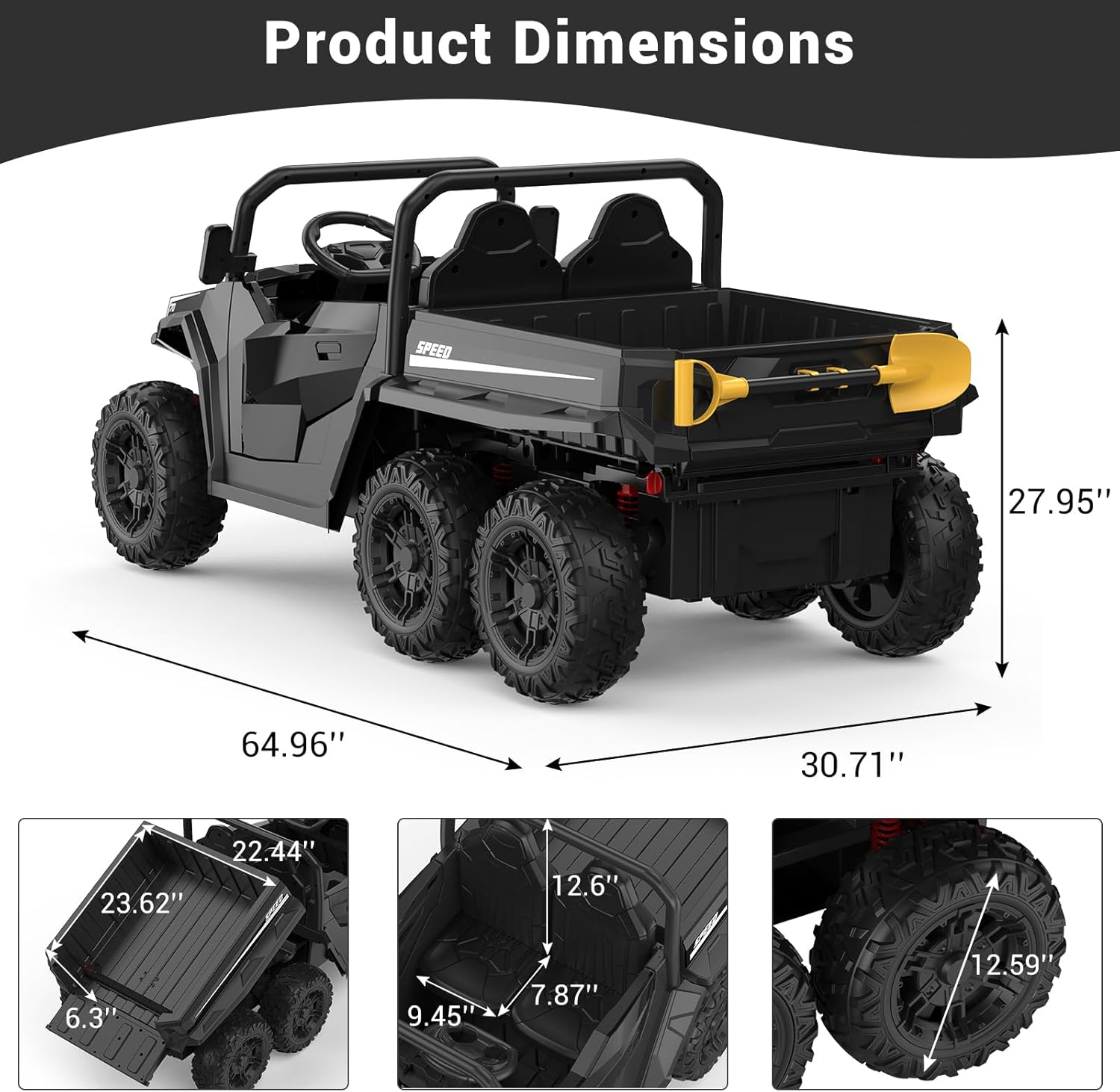 Garvee Ride - P Series: 24V 4WD Electric Ride On Dump Truck with Remote Control, 2-Seater, Music Player, LED Lights, Key Start Safety System, Durable Plastic, Off-Road Kids Toy for Ages 3+ - Black