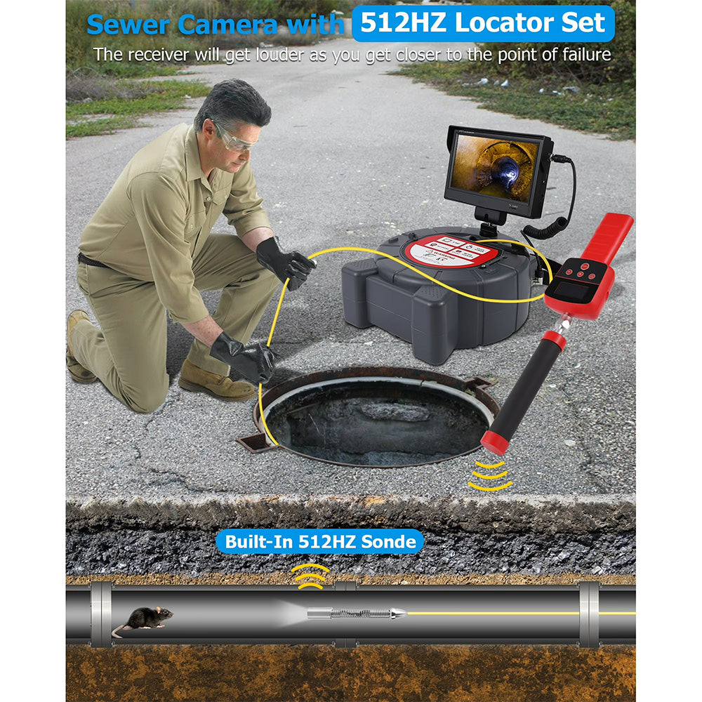 Garvee Sewer Inspection Camera with 512Hz Locator, 165ft Self-Leveling Snake Camera, 9" Touch HD Screen, DVR, Adjustable LEDs, 16GB SD Card, IP68 Waterproof for Sewer and Drainage Pipes - 165ft
