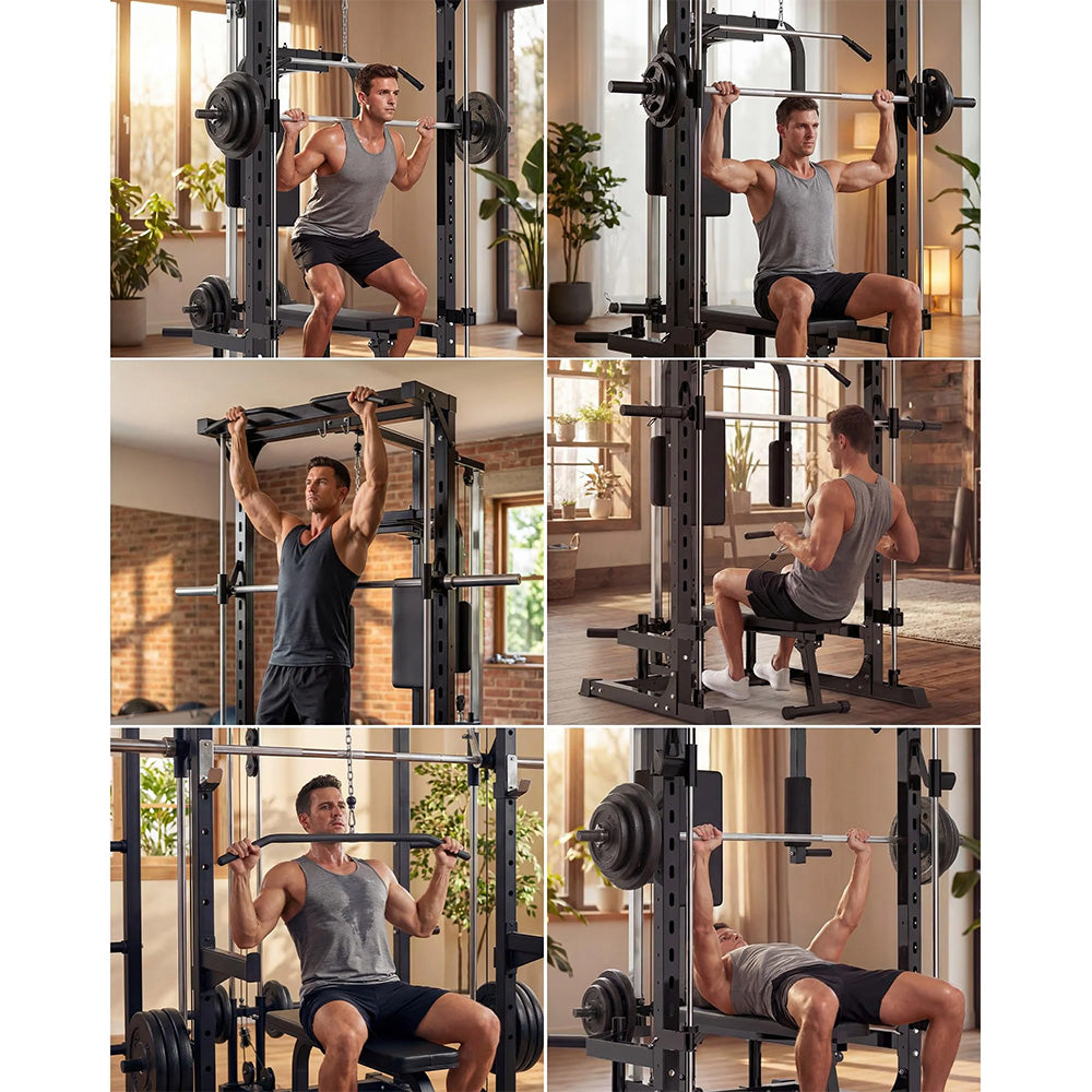 Garvee Smith Machine Home Gym Power Cage 1000 LB Capacity Carbon Steel Full-Body Training LAT Pulldown Chest Station Multi-Functional Fitness Equipment