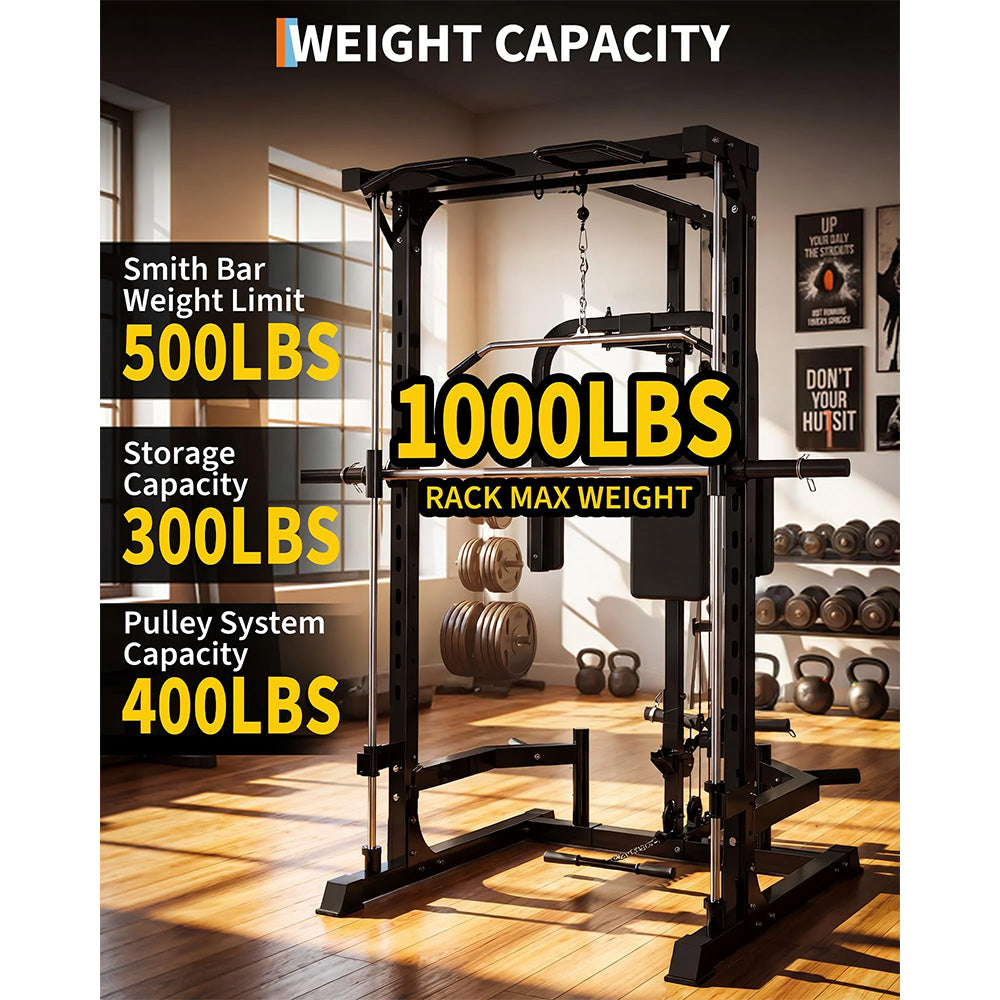 Garvee Smith Machine Home Gym Power Cage 1000 LB Capacity Carbon Steel Full-Body Training LAT Pulldown Chest Station Multi-Functional Fitness Equipment
