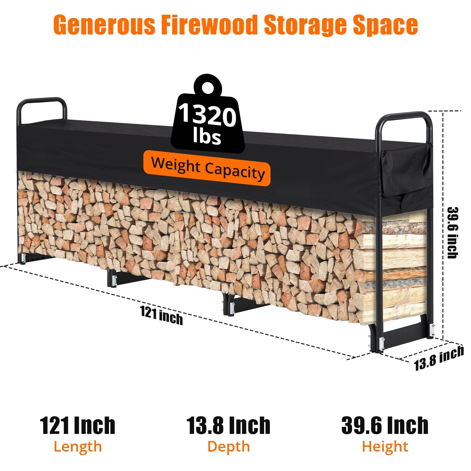 12FT Outdoor Firewood Rack with Cover for Wood Storage