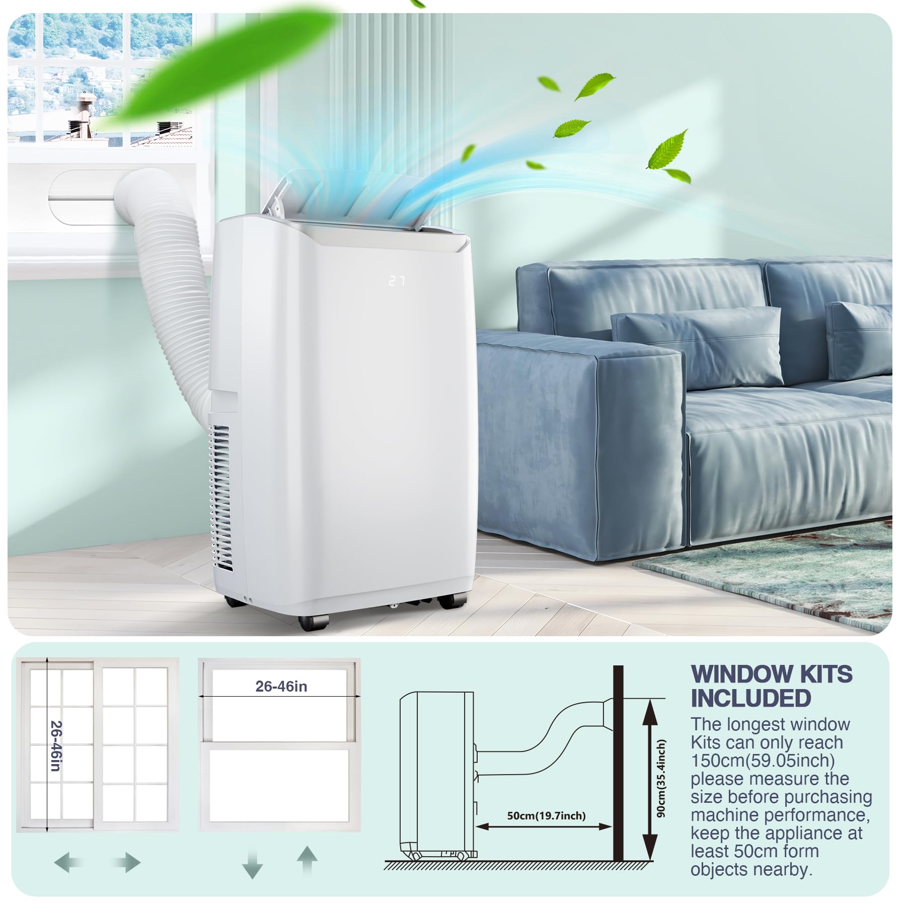 12,000 BTU Portable AC, Multi-Speed Fan for Room Cooling