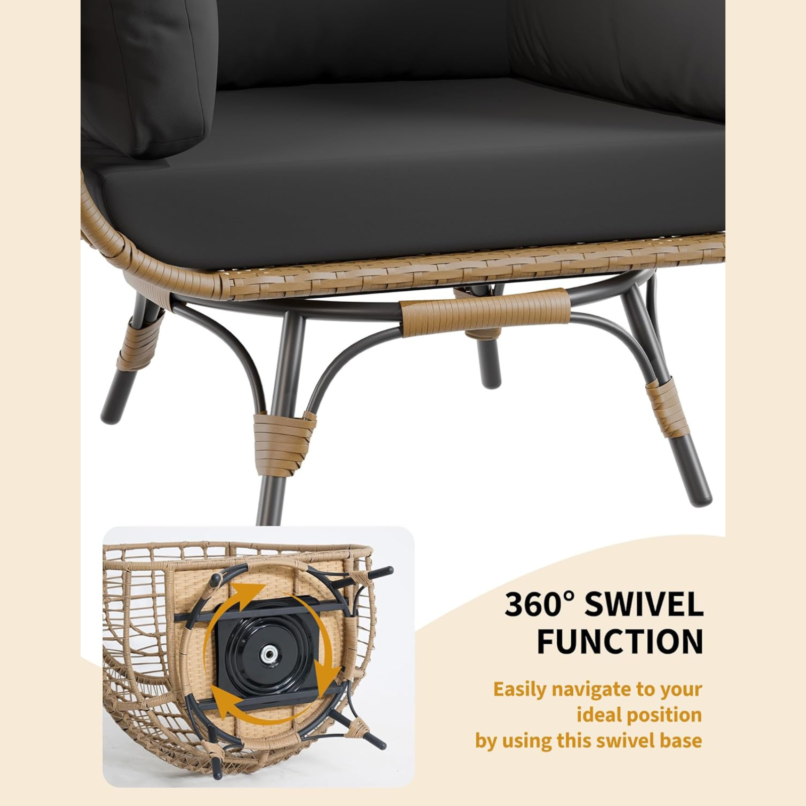 Garvee 360° Swivel Egg Chair, Oversized Patio Rotating Basket Chair, Steel Frame and Metal Base, Waterproof, PE Rattan Lounge Chair for Indoor & Outdoor Patio, Living Room, and Backyard, Black