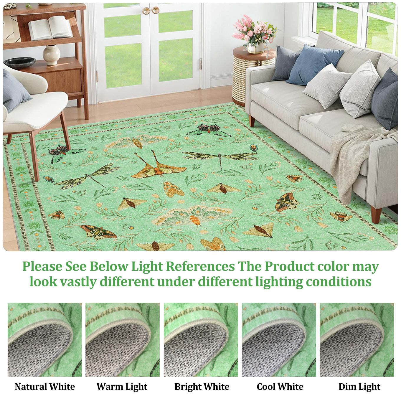 Garvee 8' x 10' Botanical Insect Area Rug, Washable Non-Slip Soft Low-Pile Moth, Butterfly & Dragonfly Rug for Living Room & Dining Room, Light Green
