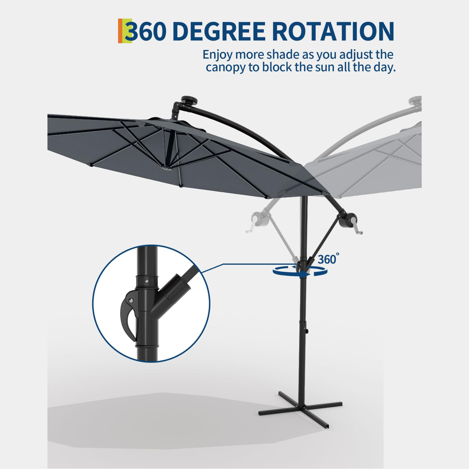Garvee 10' Cantilever Umbrella with 360 Rotating Base, UV Protection Offset Patio Umbrella 9 Ribs Outdoor Sun Shade with Easy Tilt Adjustment for Backyard, Lawn, Garden, Navy Blue