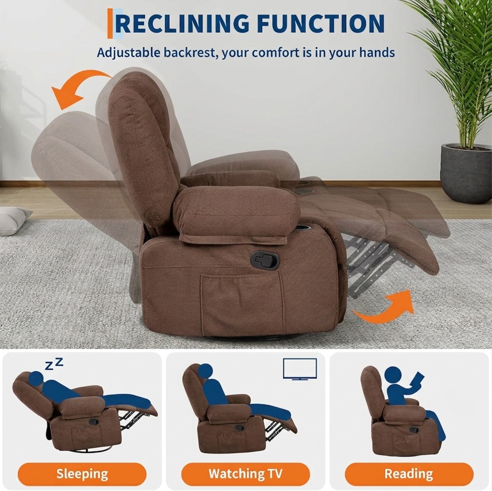 Garvee 360° Swivel Rocker Chair with Cup Holders & Side Pocket, Wide Recliner Chair with Heat and Vibration Massage, Chenille Fabric Manual Recliner Lazy Boy Chair for Adults, Brown