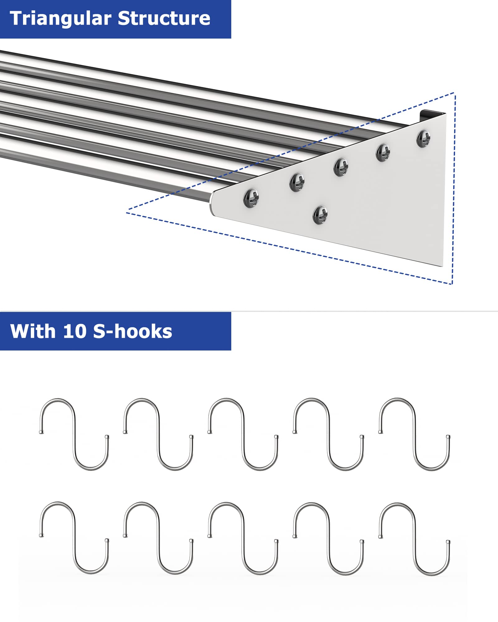 2-Pack Stainless Steel Kitchen Rack with 10 S Hooks, Wall Mount