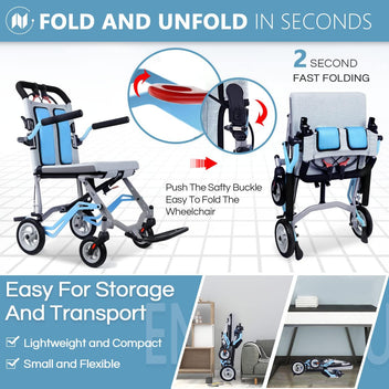 Garvee Ultra Lightweight Transfer Chair, 19 lbs Folding Aluminum Wheelchair with 280° Flip-Up Armrests, Locking Handbrake, 220 lb Capacity, 16.5" Seat, Swinging Footrests, Portable Travel Wheelchair for Elderly & Caregivers