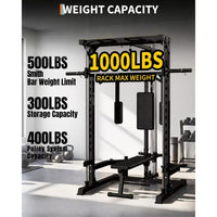 Garvee Smith Machine Home Gym with LAT Pulldown & Low Row, Heavy Duty 1000 LB Power Cage, Carbon Steel, Multi-Function Attachments, Bench Included, Full Body Workout