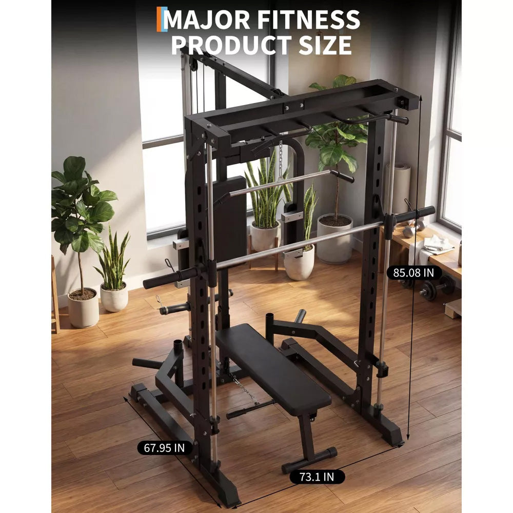 Garvee Smith Machine Home Gym with LAT Pulldown & Low Row, Heavy Duty 1000 LB Power Cage, Carbon Steel, Multi-Function Attachments, Bench Included, Full Body Workout