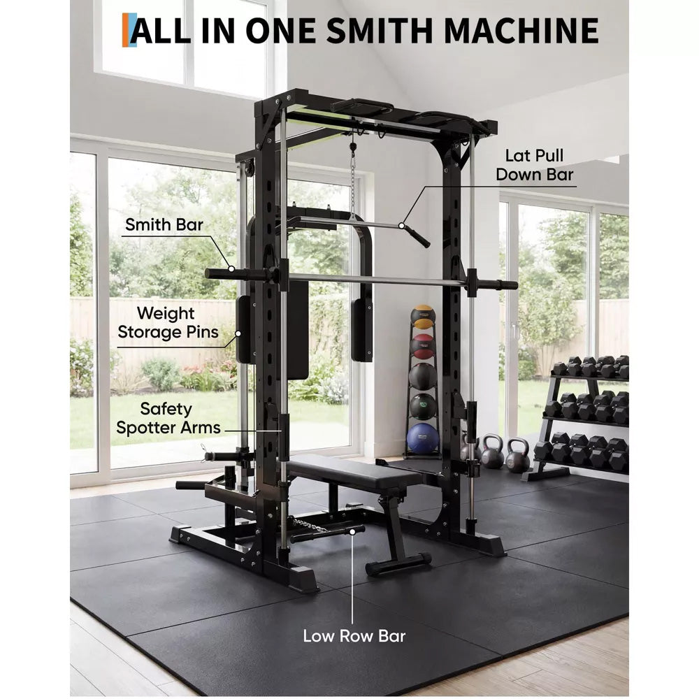 Garvee Smith Machine Home Gym with LAT Pulldown & Low Row, Heavy Duty 1000 LB Power Cage, Carbon Steel, Multi-Function Attachments, Bench Included, Full Body Workout