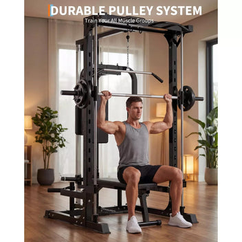 Garvee Smith Machine Home Gym with LAT Pulldown & Low Row, Heavy Duty 1000 LB Power Cage, Carbon Steel, Multi-Function Attachments, Bench Included, Full Body Workout