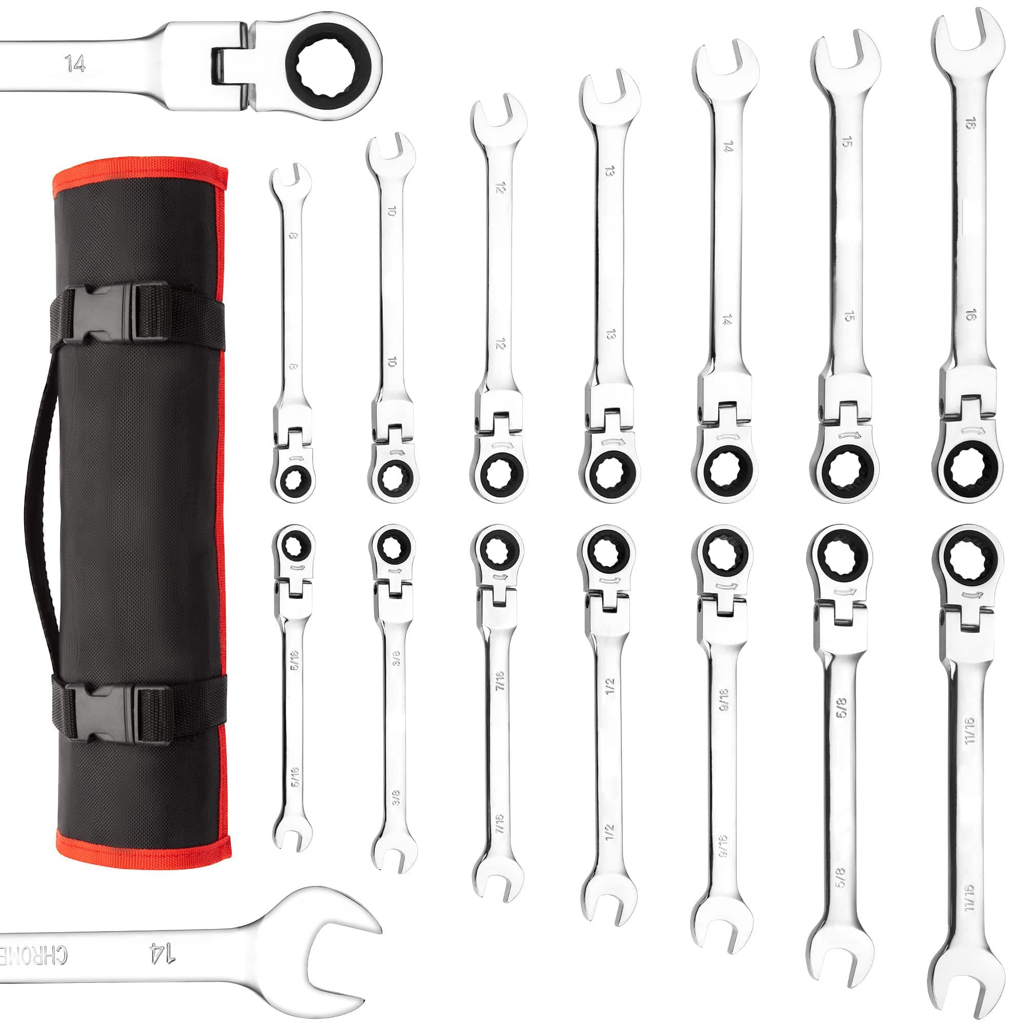 14pcs Flex-Head Ratchet Combination Wrench Set, SAE & Metric