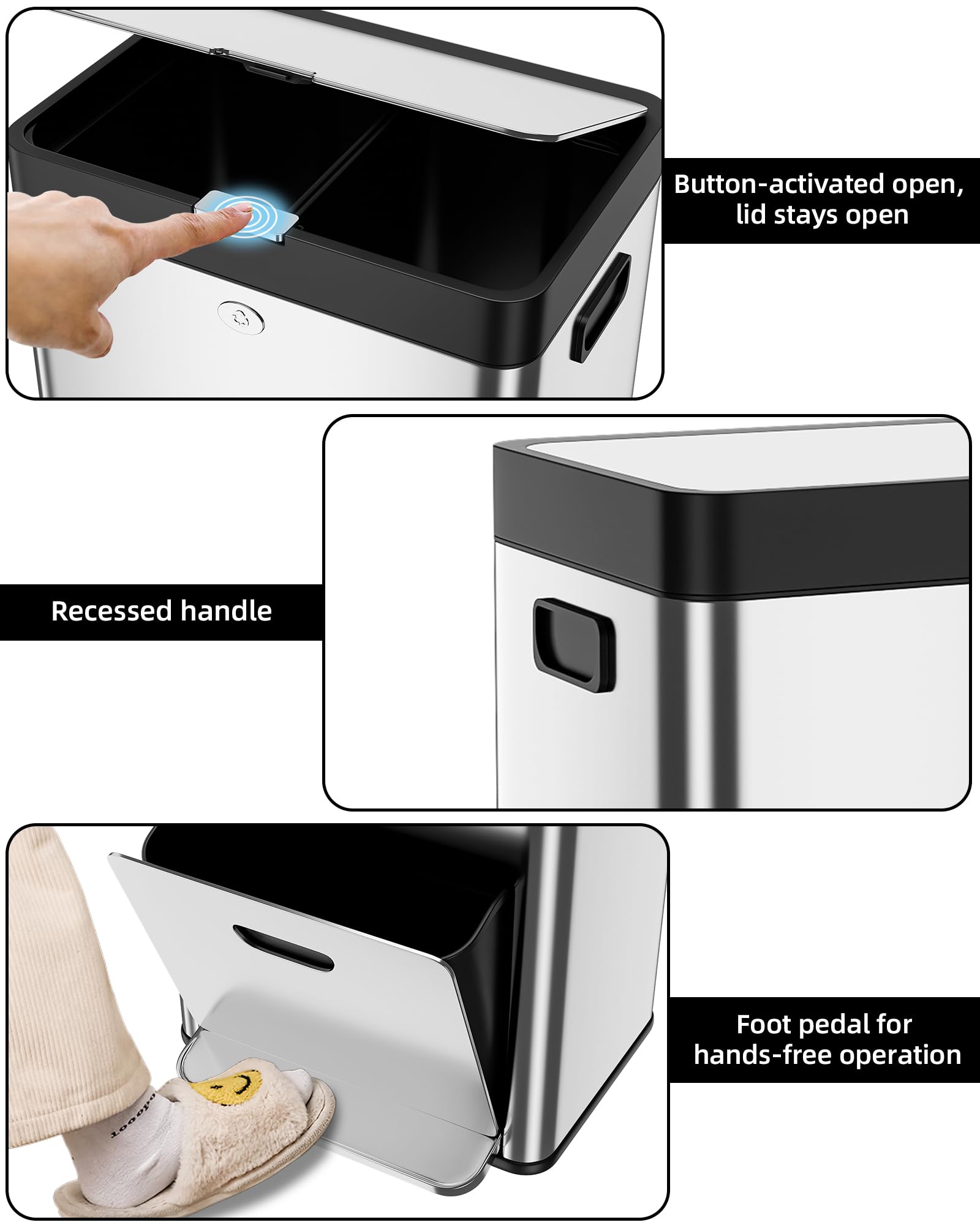 56L Fingerprint-Proof Stainless Steel Kitchen Trash Can with Lid