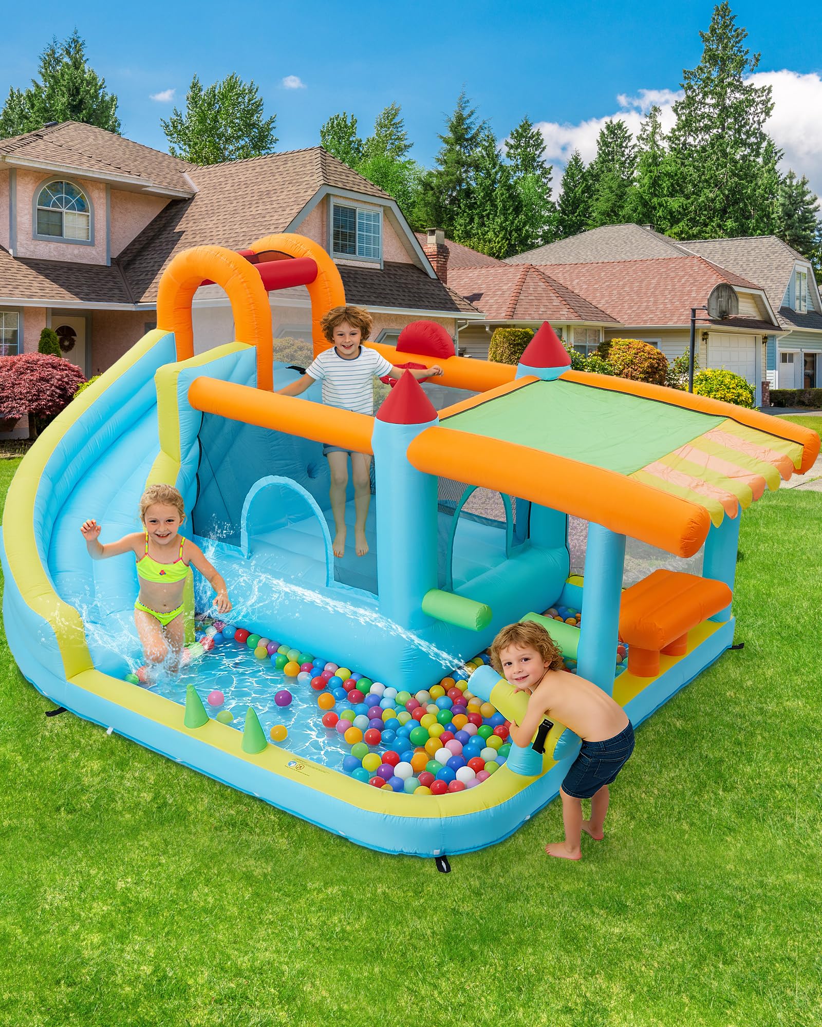 Garvee 12-in-1 Inflatable Bounce House for Kids with Slide & Powerful Blower – Indoor/Outdoor Bouncy Castle Playset – Backyard & Commercial Use – Blue – US Standard