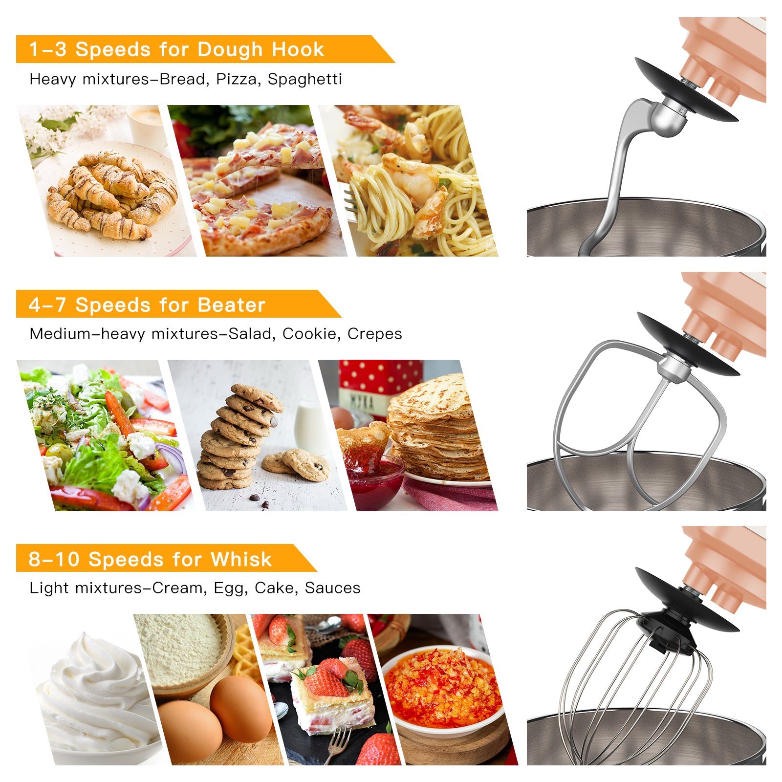 Garvee Stand Mixer, 7.5QT Capacity 10 speed Settings Electric Kitchen Mixer For Baking 660 W Food Mixer With Dough Hook, Beater And Splash Guard Champagne Gold