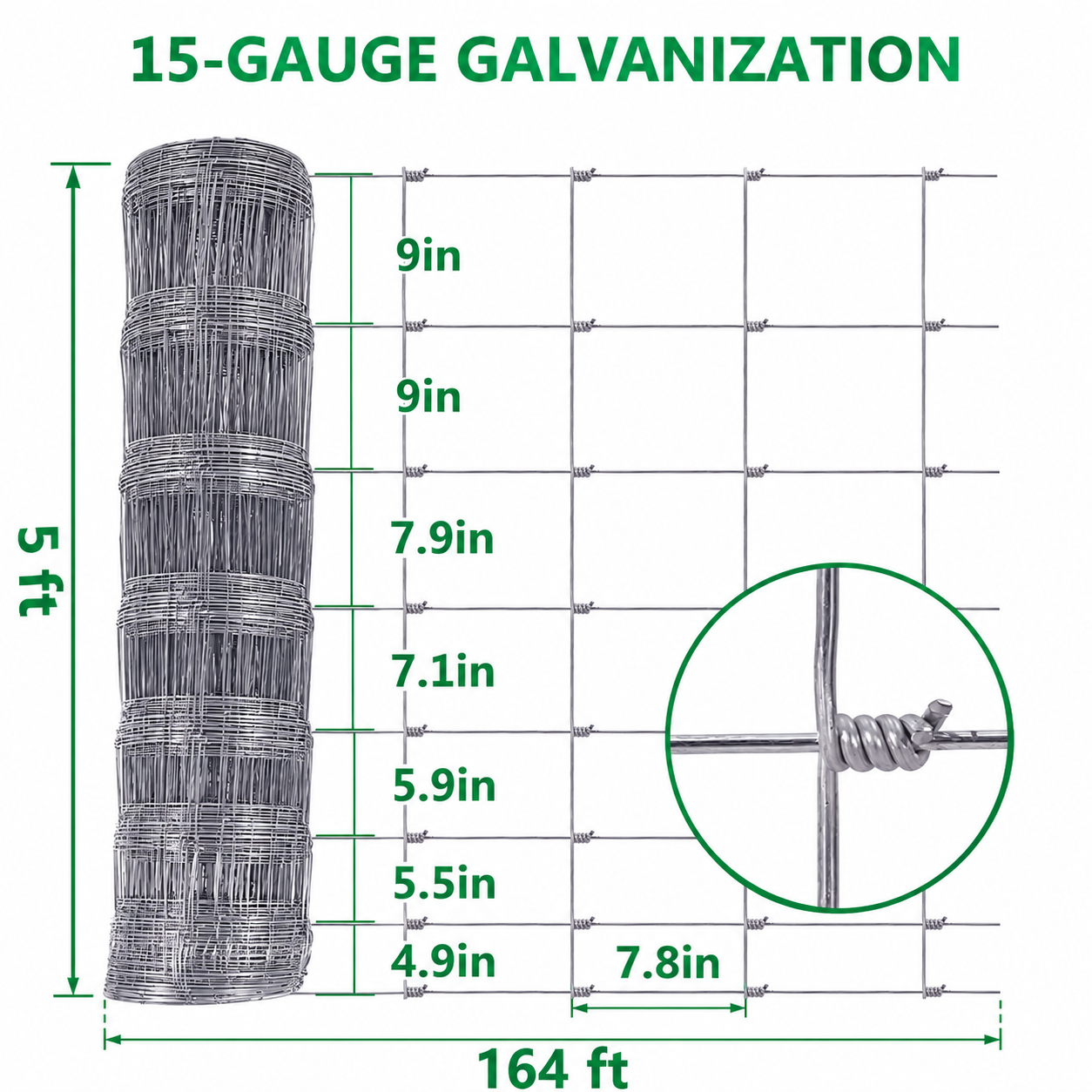 Garvee 5' x 164' 15 Gauge Livestock Fence, Hot Dip Galvanized Hinge Knot Woven Wire Field Fence, 10 Horizontal Wires