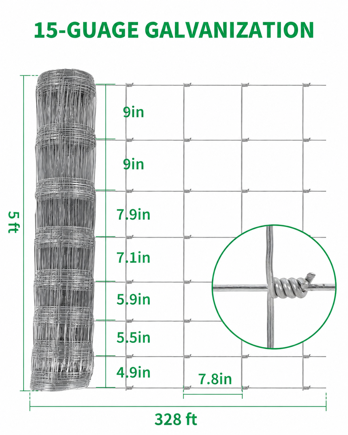 Garvee 5' x 328' 15 Gauge Livestock Fence, Hot Dip Galvanized Woven Wire Field Fence, 10 Horizontal Wires, Hinge Knot
