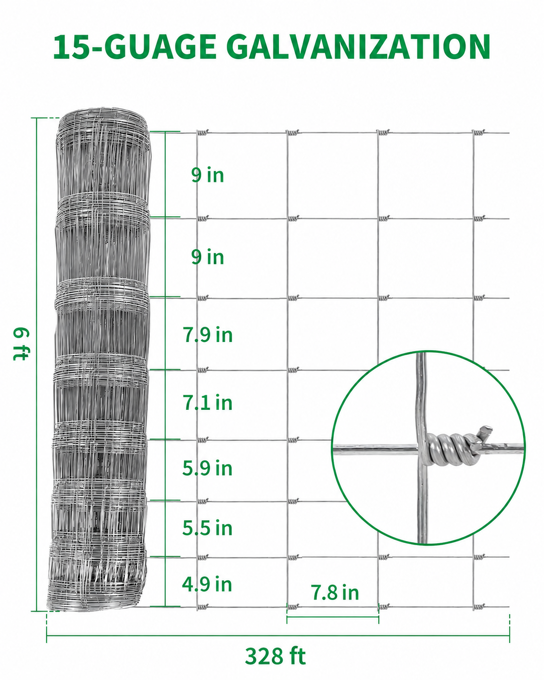 Garvee 6' x 328' 15 Gauge Livestock Fence, Hot Dip Galvanized Hinge Knot Field Fence, 12 Horizontal Wires, 6" Mesh