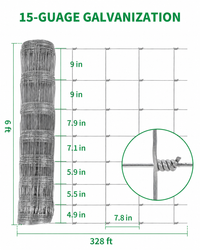 Garvee 6' x 328' 15 Gauge Livestock Fence, Hot Dip Galvanized Hinge Knot Field Fence, 12 Horizontal Wires, 6" Mesh