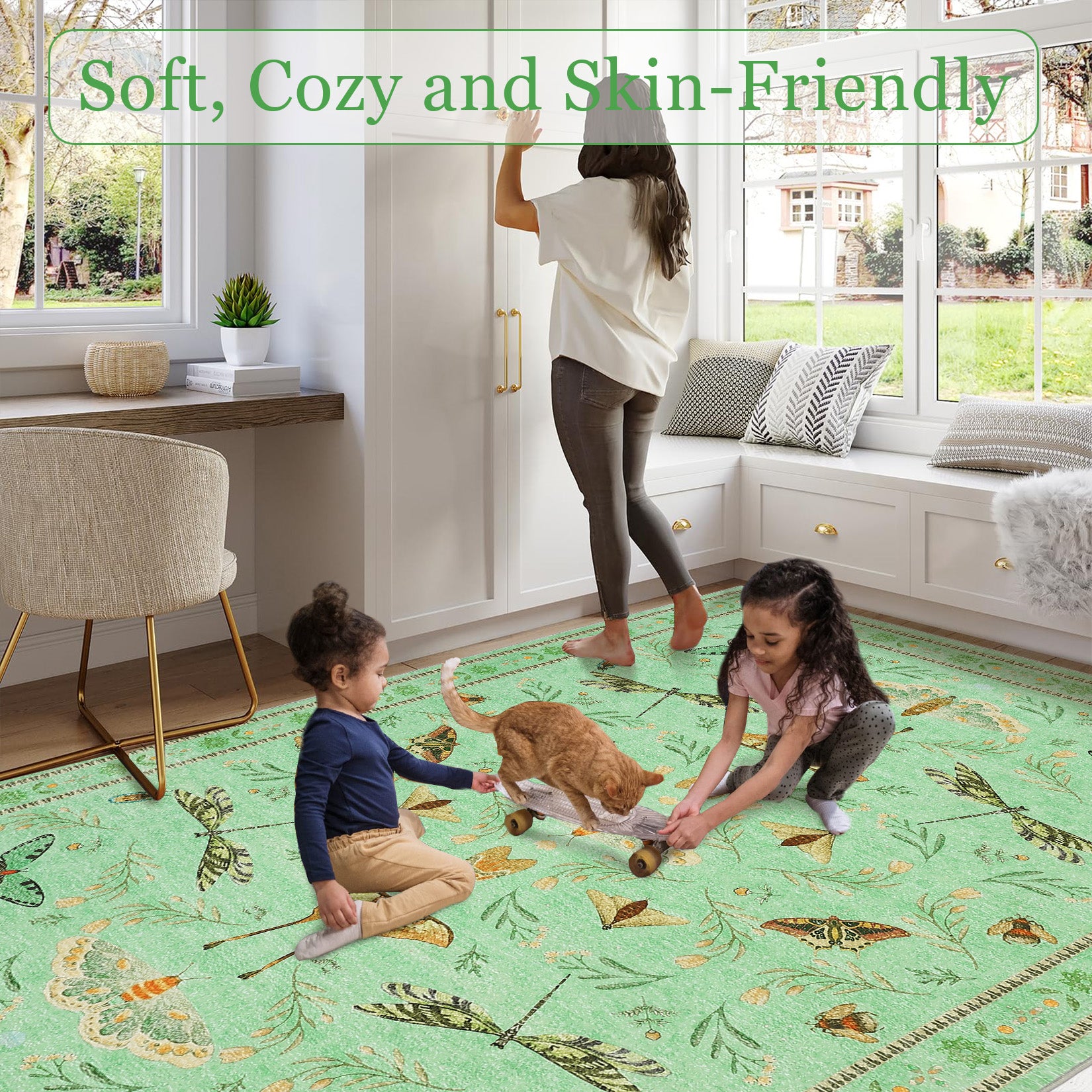 Garvee 8' x 10' Botanical Insect Area Rug, Washable Non-Slip Soft Low-Pile Moth, Butterfly & Dragonfly Rug for Living Room & Dining Room, Light Green