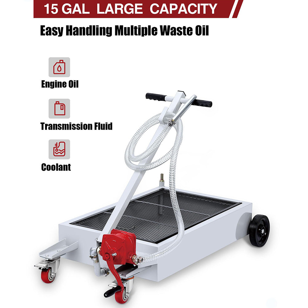 Garvee Hand Pump & Hose Oil Drain Pan with 15 Gal Low Profile & 8 Ft Hose - Silver