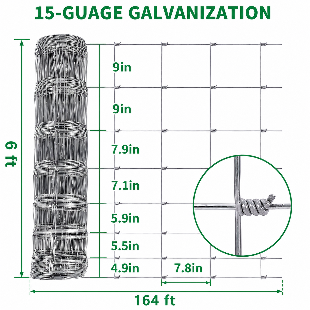Garvee 6' x 164' 15 Gauge Livestock Fence, Hot Dip Galvanized Hinge Knot Woven Wire Field Fence, 12 Horizontal Wires