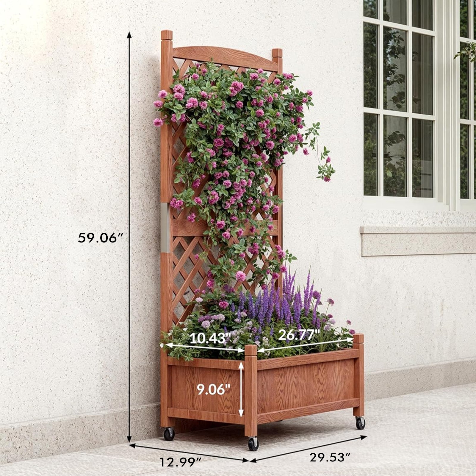 Garvee 2 PC 29.5" X 13" X 60" Wood Planter Box With Trellis For Planter & Flower, Raised Garden Bed With Wheels, Standing Vertical Horticulture Trellis Planter With Drainage Holes for Patio Garden