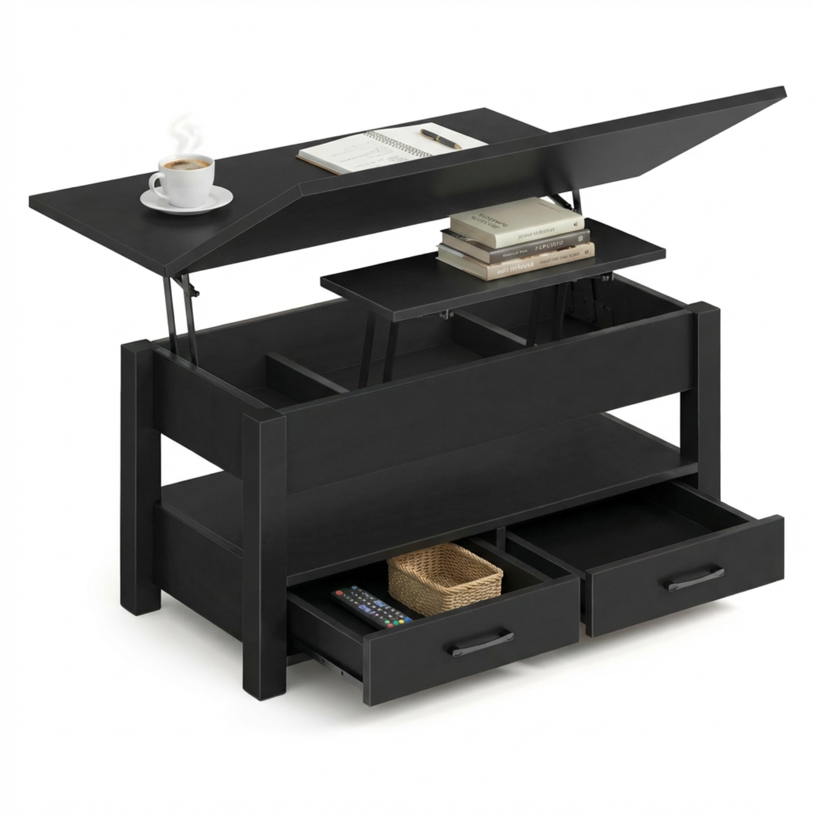 Garvee Coffee Table Lift Top, Multi-Function Convertible Coffee Table with Drawers and Hidden Compartment, Converts to Dining Table for Living Room, Home Office, Black