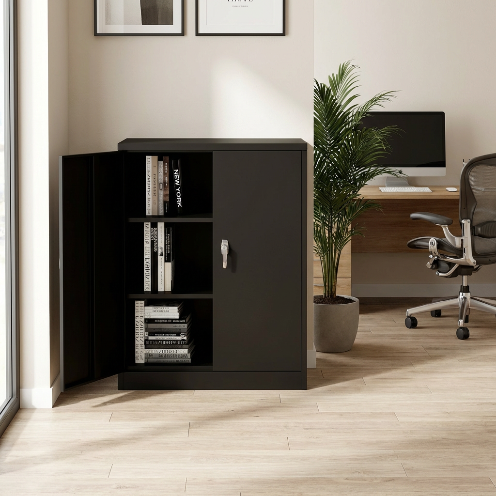 Garvee 35" Metal Storage Cabinet, Heavy Duty Steel Cabinet with Lockable Doors, Adjustable Shelves, Rust Resistant, Compact Garage Cabinet for Office, Workshop or Home, Easy Assembly, Black