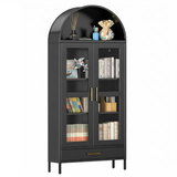 Garvee 73" Tall Arched Pantry Cabinet with 2 Adjustable Shelves & Drawers, Modern Farmhouse Arched Bookcase with Glass Door, Freestanding Display Cabinet for Living Room, Home Office, Black - Black with Drawer