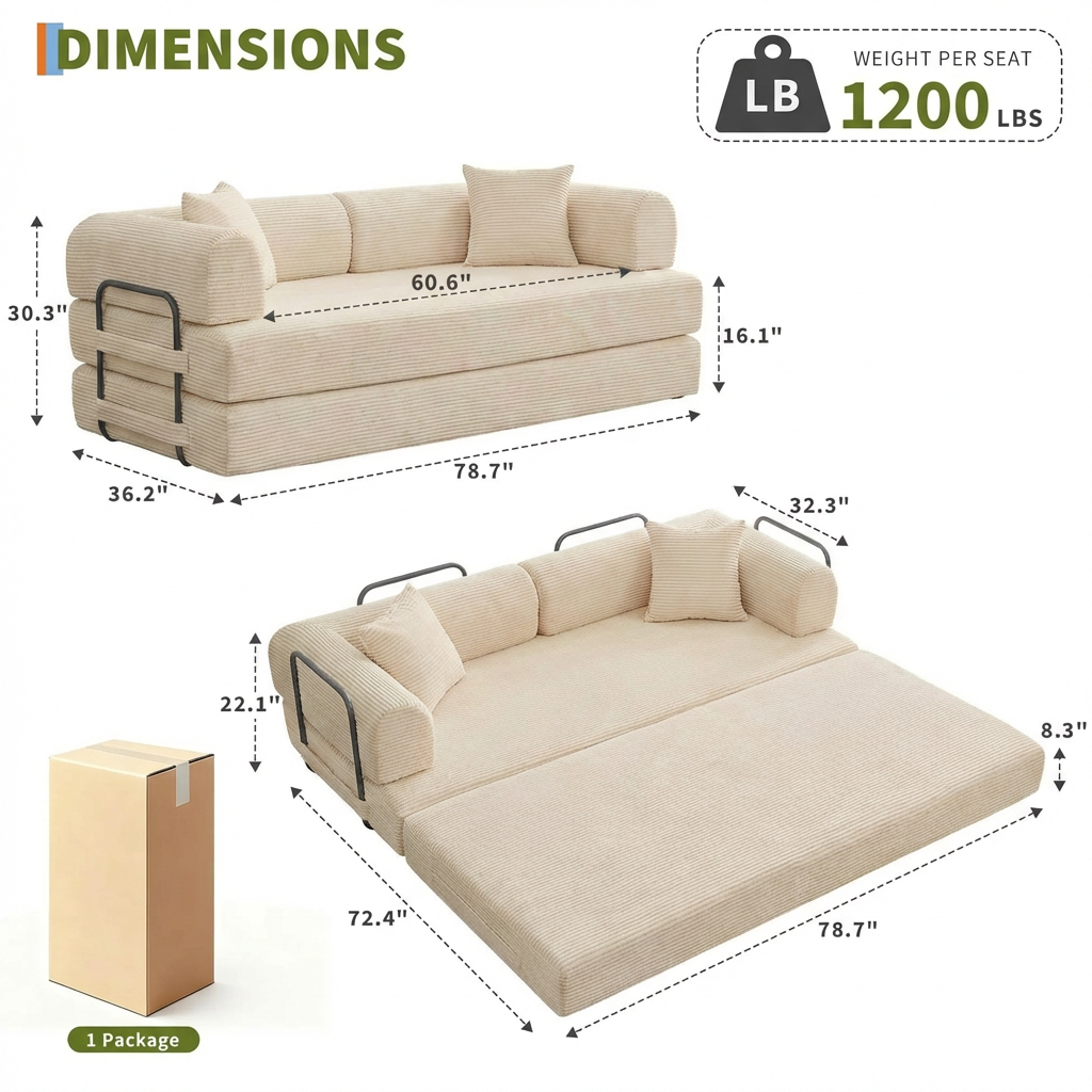 Garvee 4-in-1 Convertible Sleeper Sofa Bed, 79" Corduroy Folding Couch with Deep Seat, Boneless No Assembly Floor Sofa for Apartments, Living Room & Guests, Beige