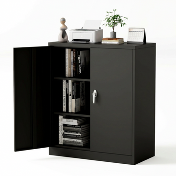 Garvee 35" Metal Storage Cabinet, Heavy Duty Steel Cabinet with Lockable Doors, Adjustable Shelves, Rust Resistant, Compact Garage Cabinet for Office, Workshop or Home, Easy Assembly, Black