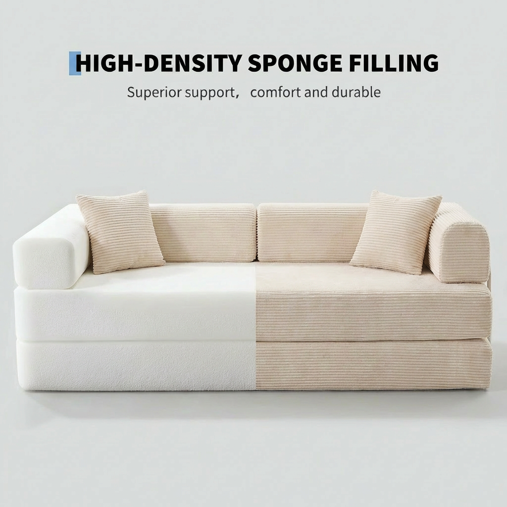Garvee 4-in-1 Convertible Sleeper Sofa Bed, 79" Corduroy Folding Couch with Deep Seat, Boneless No Assembly Floor Sofa for Apartments, Living Room & Guests, Beige