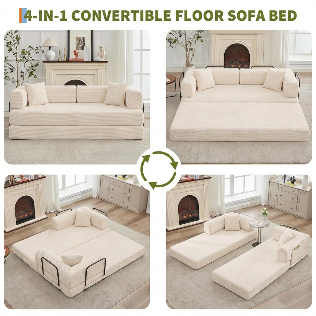 Garvee 4-in-1 Convertible Sleeper Sofa Bed, 79" Corduroy Folding Couch with Deep Seat, Boneless No Assembly Floor Sofa for Apartments, Living Room & Guests, Beige