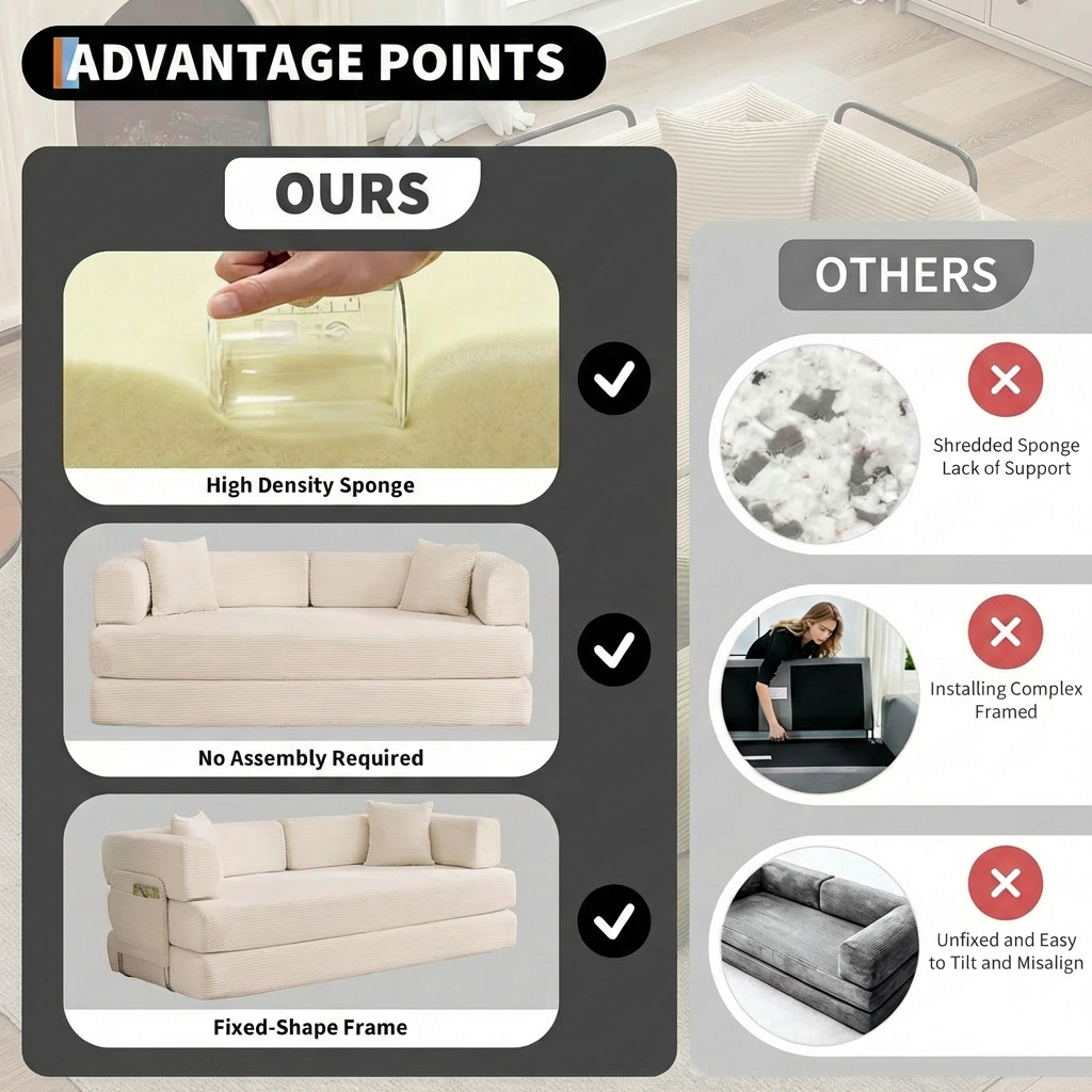 Garvee 4-in-1 Convertible Sleeper Sofa Bed, 79" Corduroy Folding Couch with Deep Seat, Boneless No Assembly Floor Sofa for Apartments, Living Room & Guests, Beige